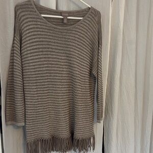 Chico's Taupe Striped Fringe Sweater